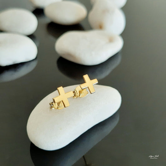 Μικροσκοπικά σκουλαρίκια σταυρού, σκουλαρίκια από μασίφ χρυσό 14 καρατίων