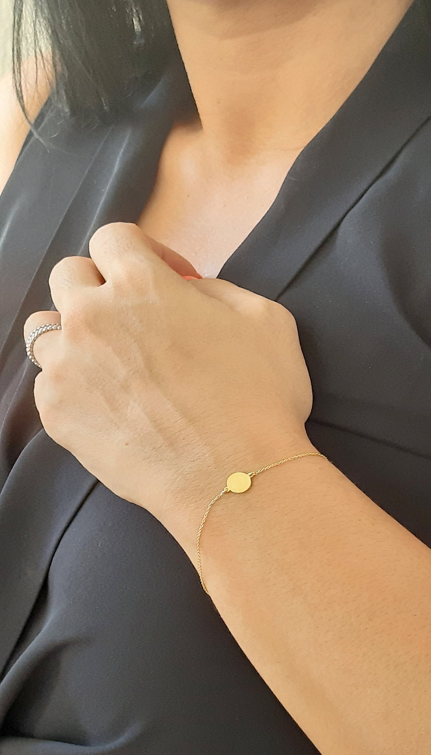 14K Solid Gold  Disc Charm Bracelet, gold disc personalized Bracelet