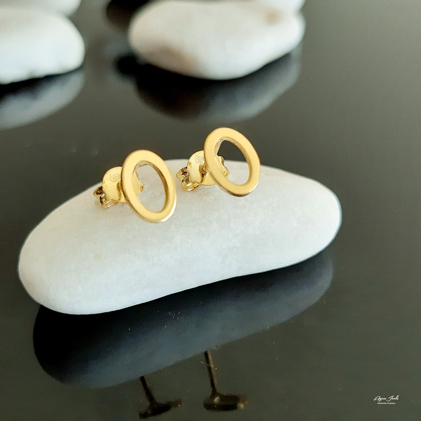 Solid Gold Oval Earrings , Geometric Studs