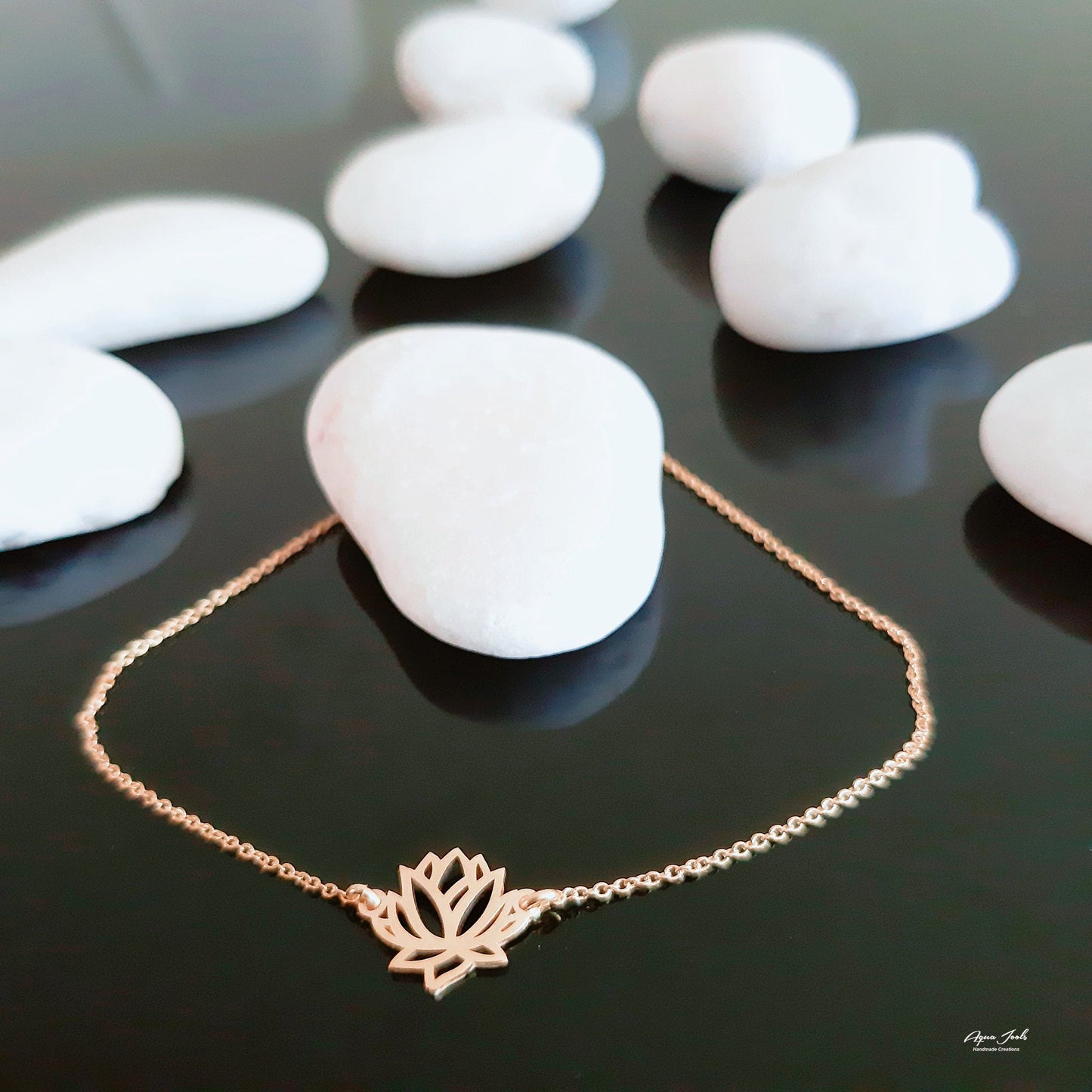 14K Solid Gold Lotus flower Charm Bracelet , Yoga Jewelry