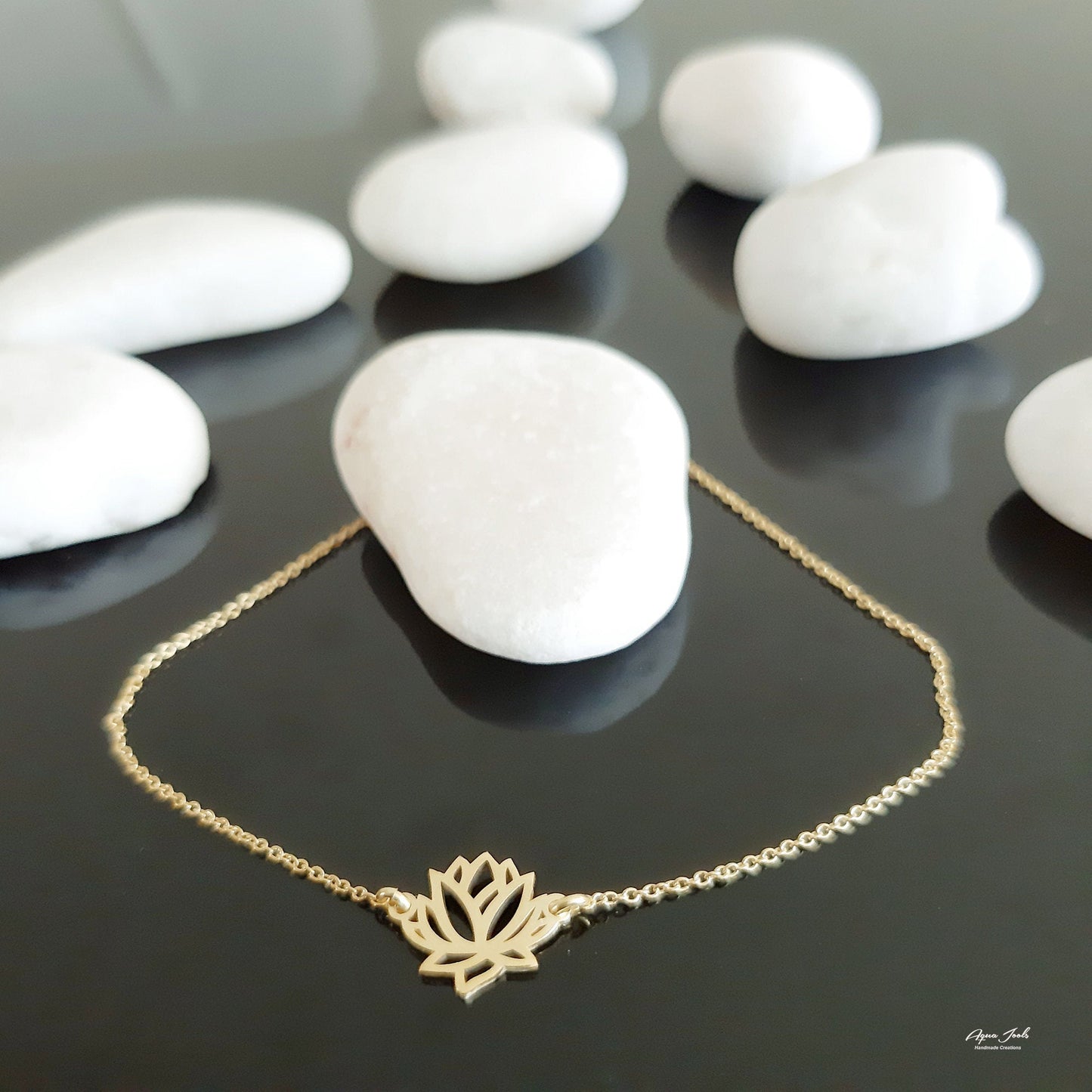 14K Solid Gold Lotus flower Charm Bracelet , Yoga Jewelry