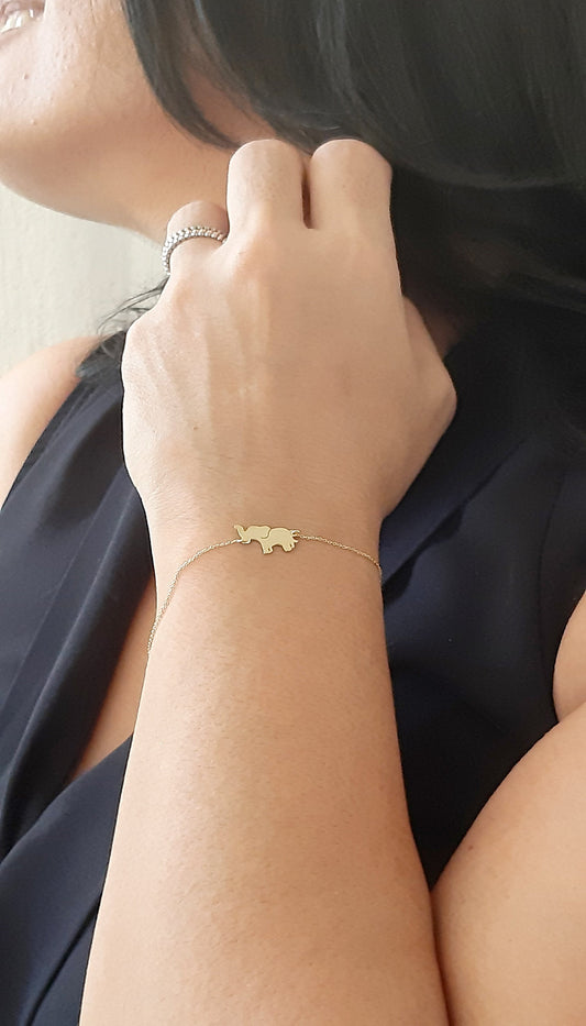 14K Solid Gold Elephant Charm Bracelet , Dainty Chain Bracelet
