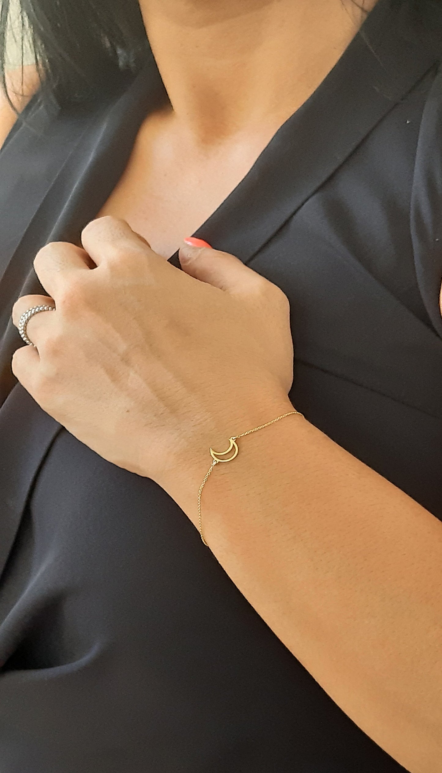 14k Solid Gold Moon Bracelet , Crescent Moon Bracelet