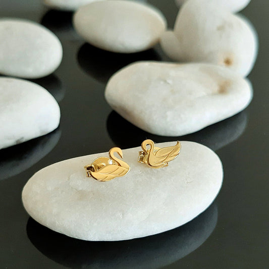 14K Gold Swan Studs, Yellow Gold Earrings, little Bird Earrings