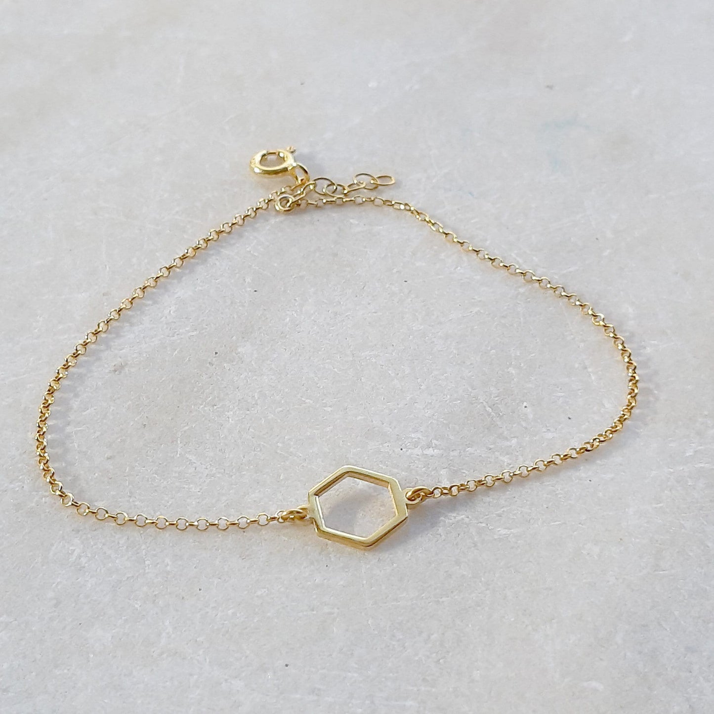 14K Solid Gold Hexagon Charm Bracelet, 14K Gold Bracelet, Dainty Chain Bracelet, Geometric Bracelet, Hexagon Jewelry, Gift For Women