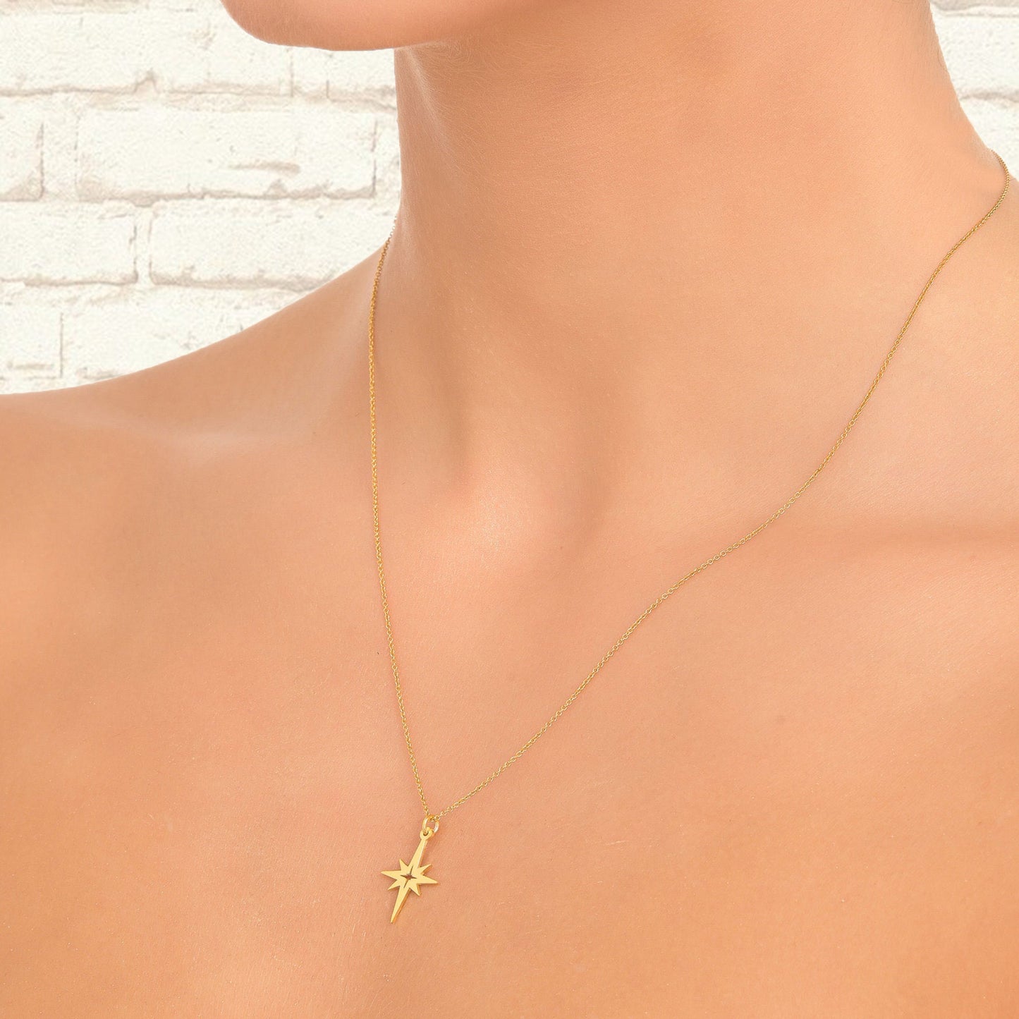 Northstar necklace in solid gold, Celestial star necklace for women, Dainty solid gold Star charm, layering Starburst necklace for women