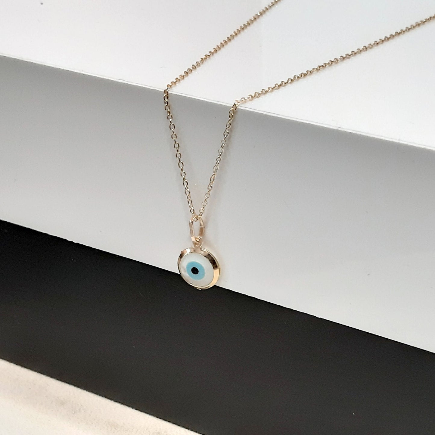 Solid Gold 14k Evil Eye Necklace White Blue Evil Eye Penant Charm evil eye, 14k Gold necklace minimal pendant, protection charm gift for her