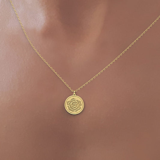 14K Rose Flower Disc Necklace