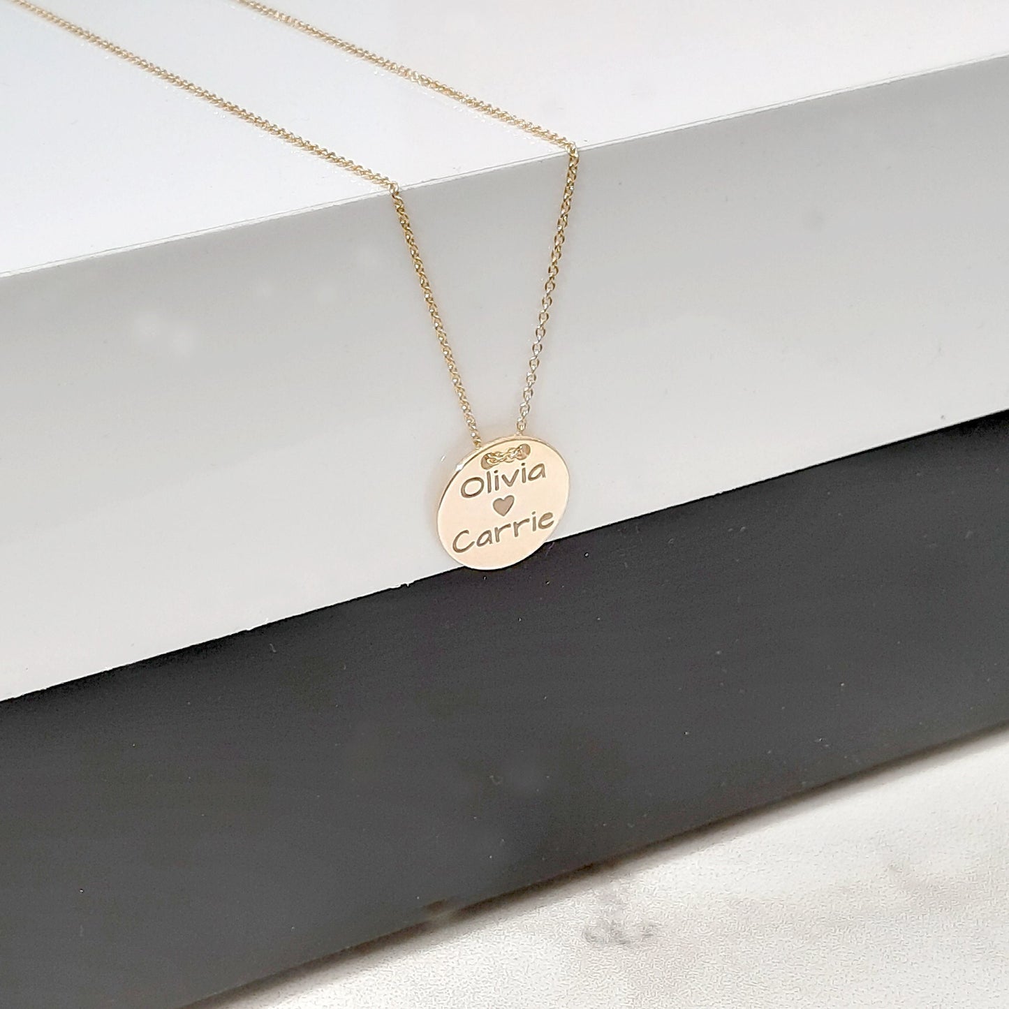 Custom disc necklace engraved with kids names and birthdays, Baby Name necklace in 9kt & 14k Gold, solid gold chain , New mom necklace gift