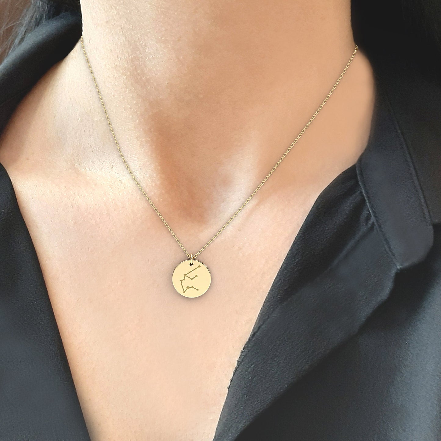 Large Constellation circle necklace in solid gold, Unique solid gold zodiac sign, Delicate disc zodiac, disc necklace, birthday gift