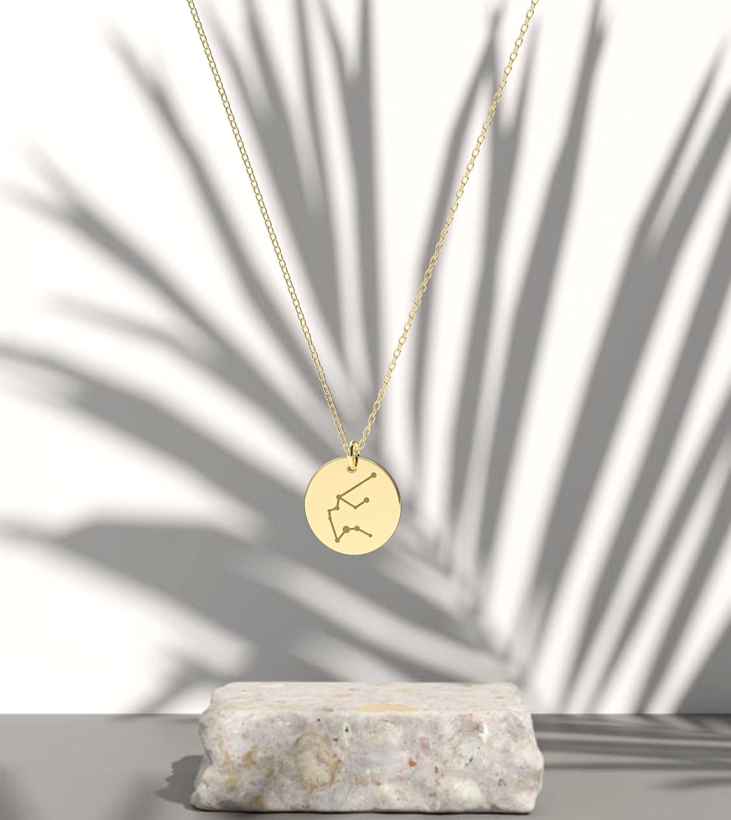 Large Constellation circle necklace in solid gold, Unique solid gold zodiac sign, Delicate disc zodiac, disc necklace, birthday gift